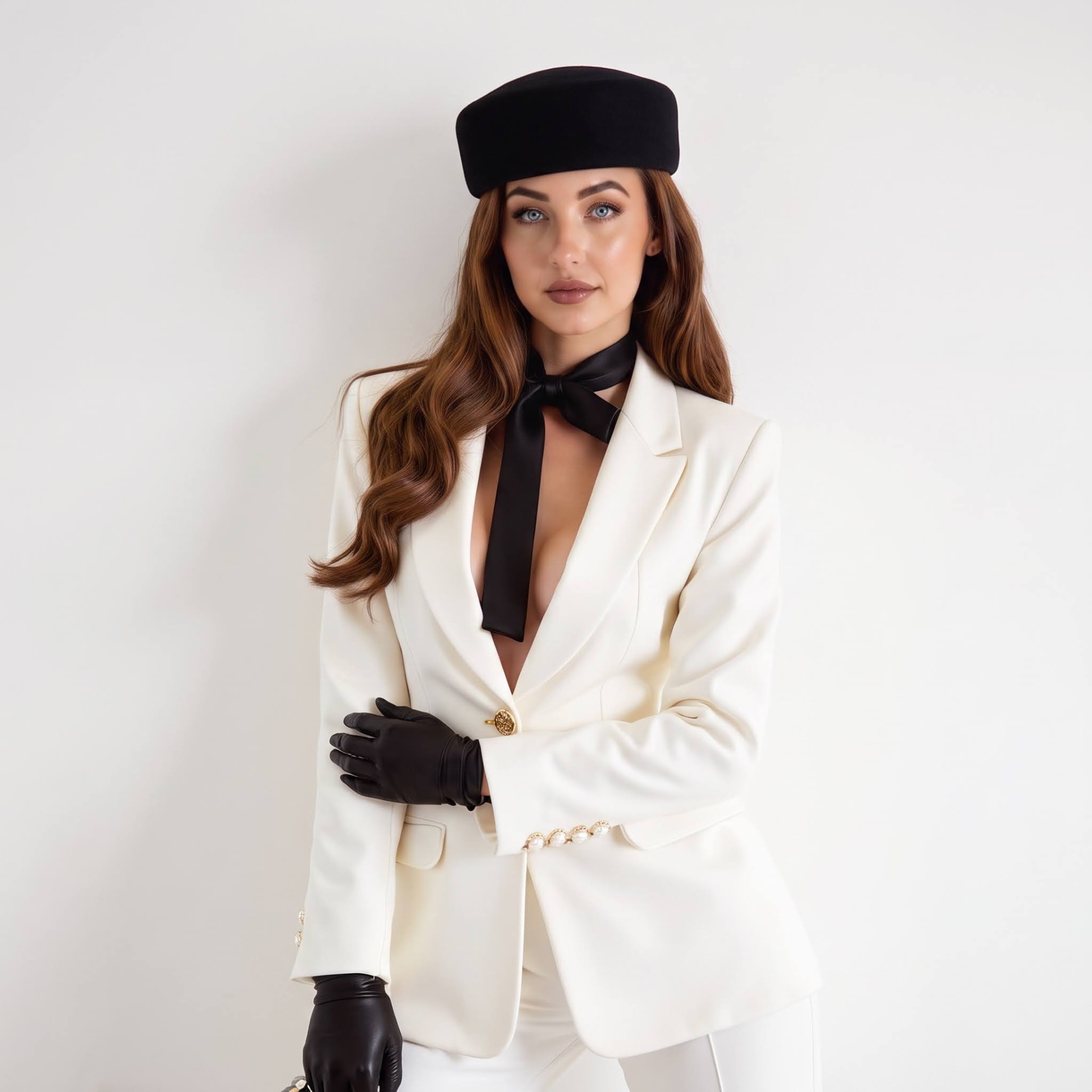 Samantha J. in an ivory tailored suit with black gloves and hat