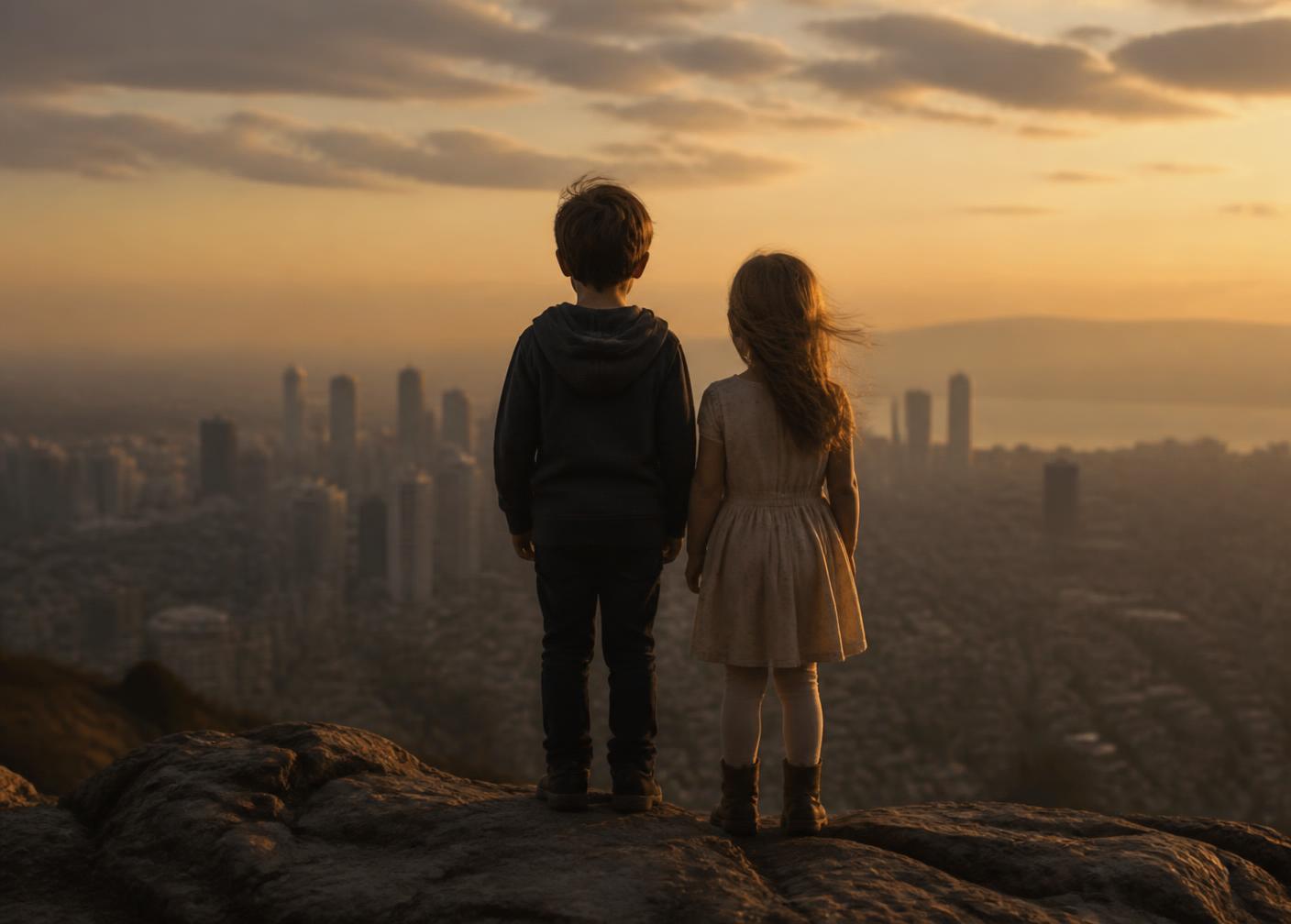 Two children looking out over a city at dusk, representing the legacy built for the next generation